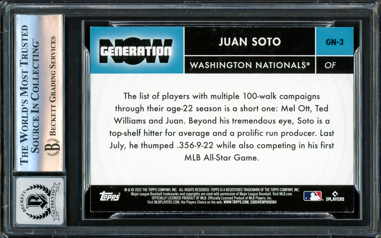 Juan Soto Autographed 2022 Topps Generation Now Card #GN-3 New York Mets Auto Grade Gem Mint 10 Beckett BAS #16172748
