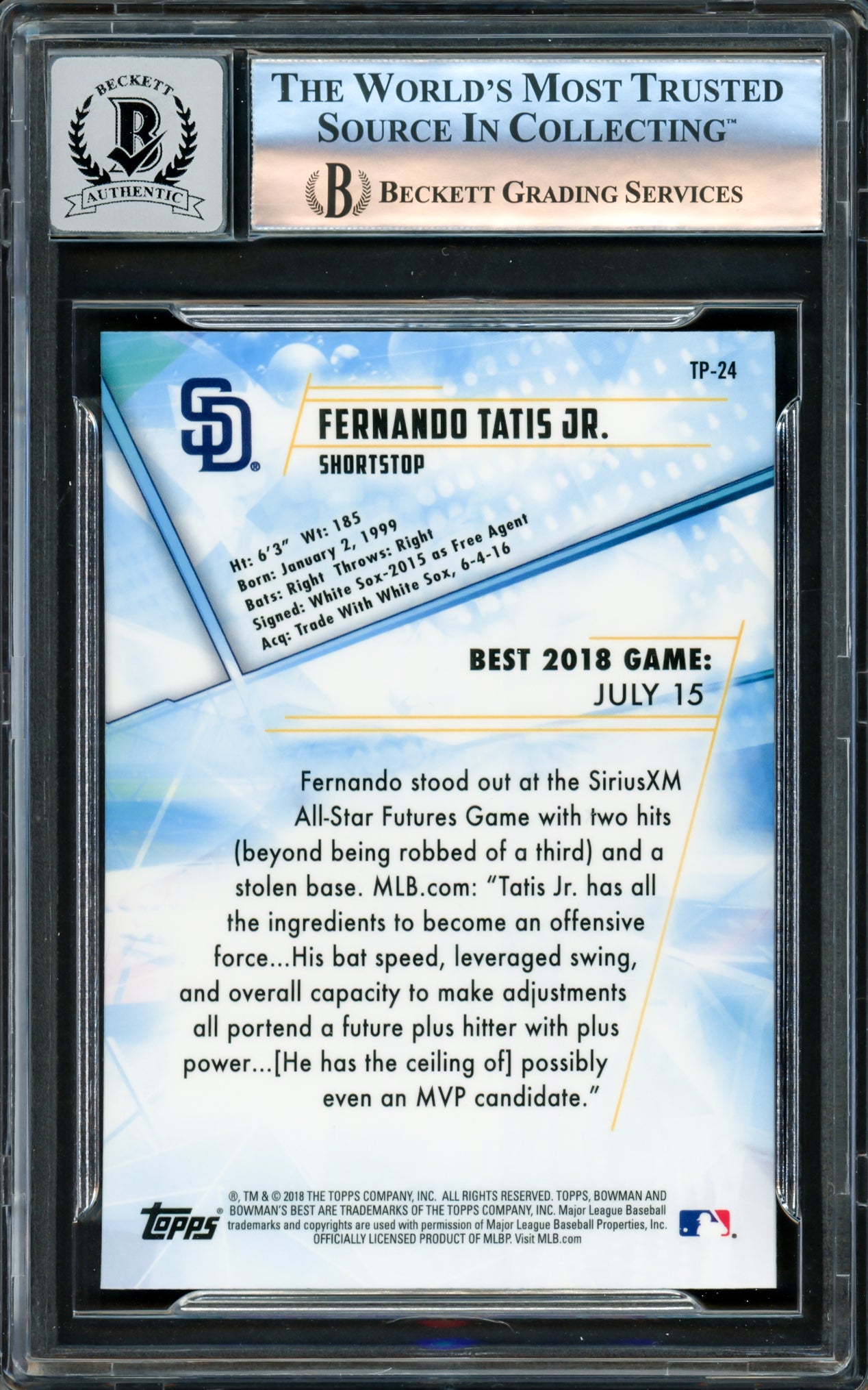Fernando Tatis Jr. Autographed 2018 Bowman's Best Rookie Card #TP-24 San Diego Padres Auto Grade Gem Mint 10 Beckett BAS #16172837
