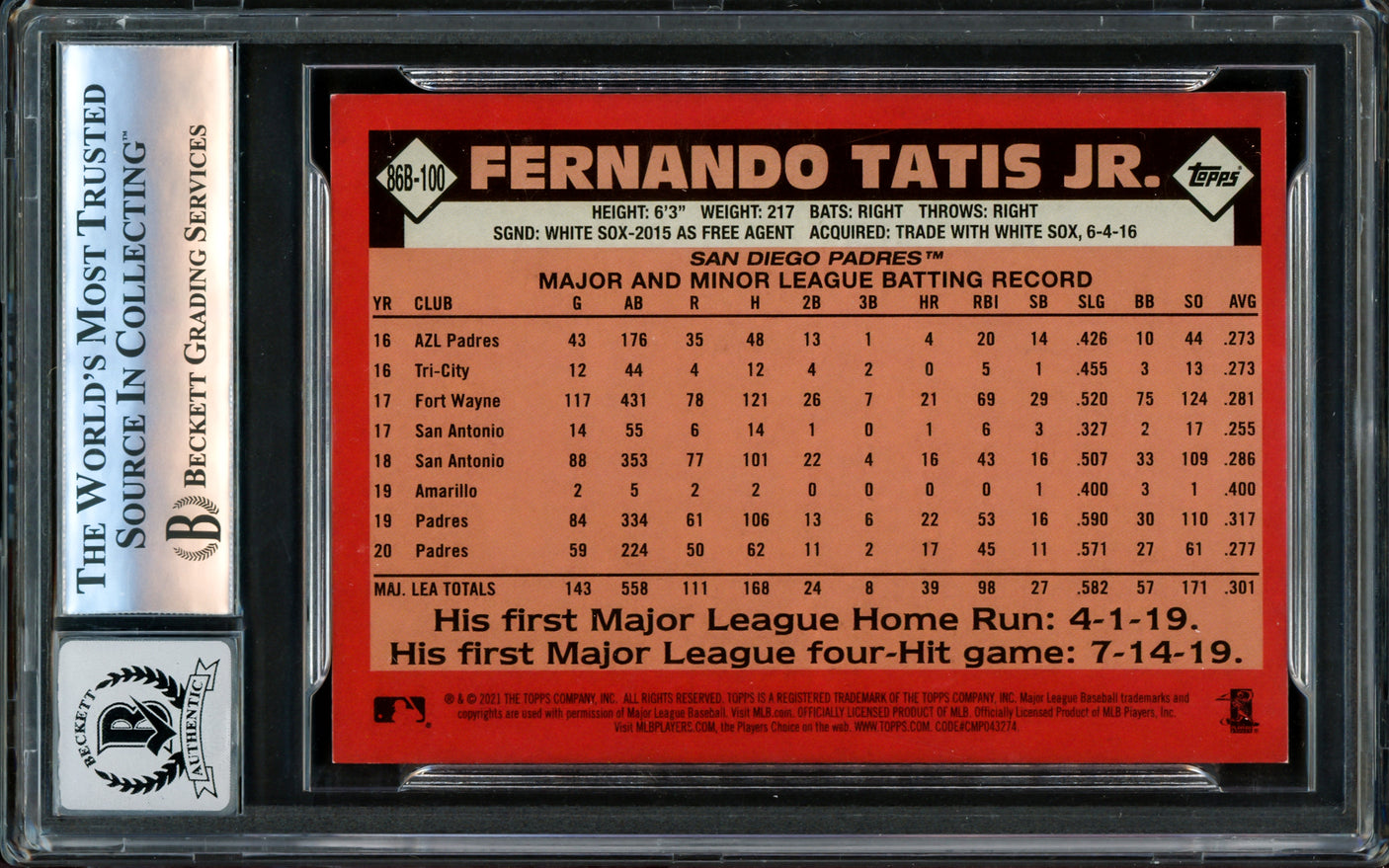 Fernando Tatis Jr. Autographed 2021 Topps 35th Anniversary Card #86B-100 San Diego Padres Auto Grade Gem Mint 10 Beckett BAS #16173105