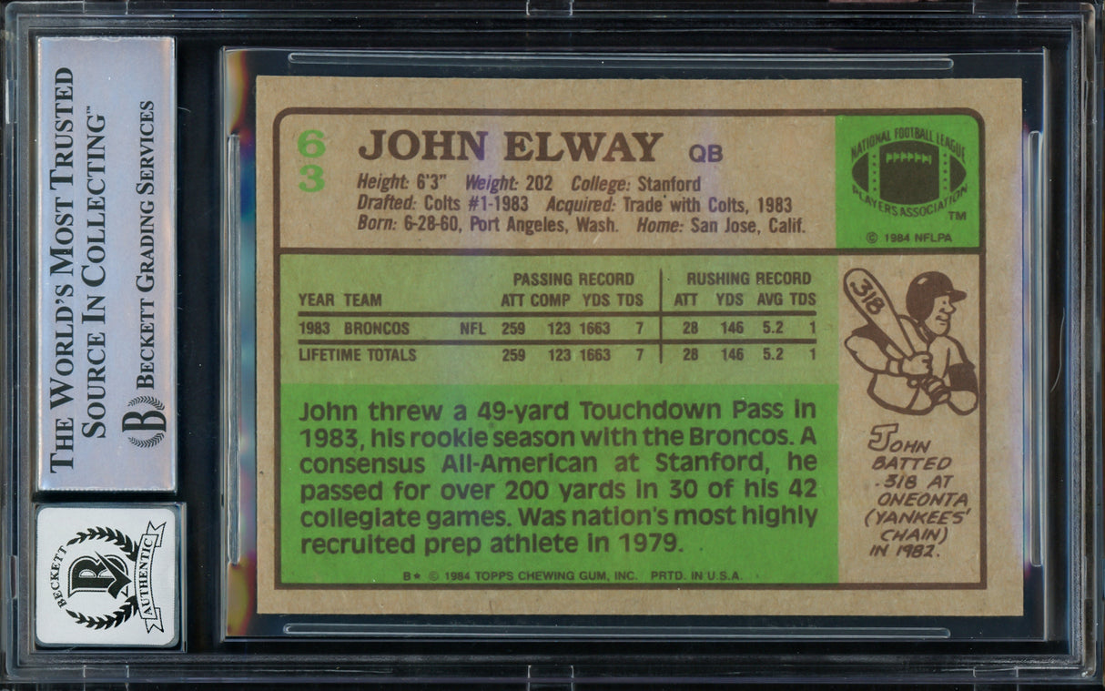 John Elway Autographed 1984 Topps Rookie Card #63 Denver Broncos Auto Grade Gem Mint 10 Beckett BAS #16167946
