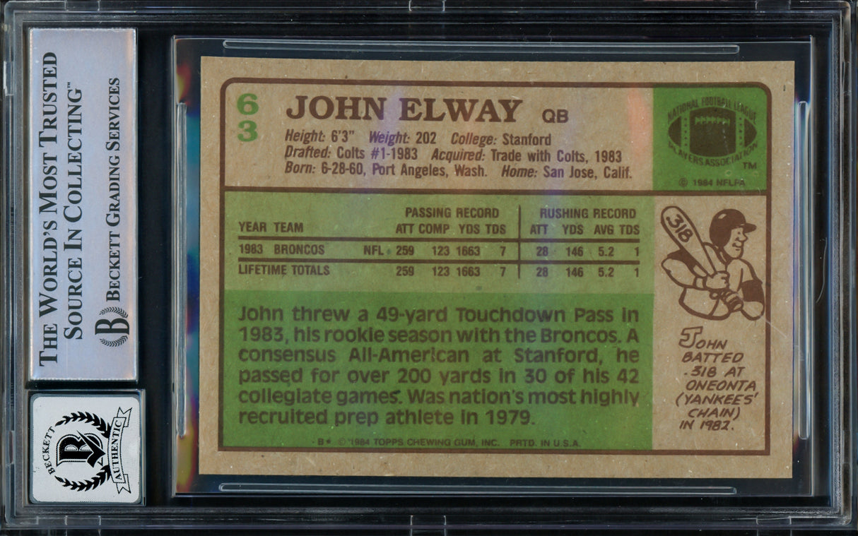 John Elway Autographed 1984 Topps Rookie Card #63 Denver Broncos Auto Grade Gem Mint 10 Beckett BAS #16167938