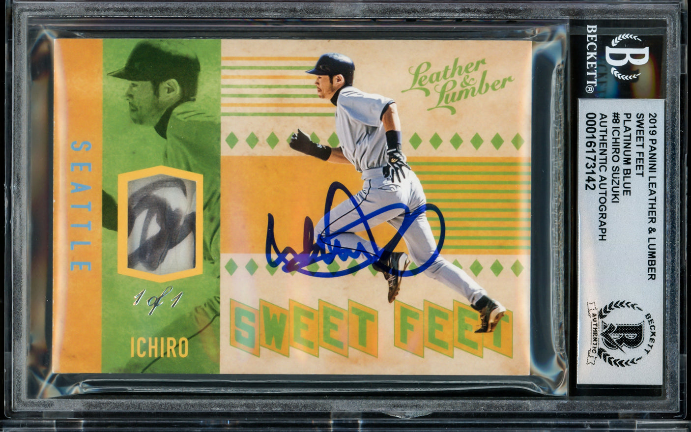 Ichiro Suzuki Autographed 2019 Panini Leather & Lumber Sweet Feet Platinum Blue Card #SF-IS Seattle Mariners Auto Grade Gem Mint 10 With Game Used Relic #1/1 Beckett BAS #16173142
