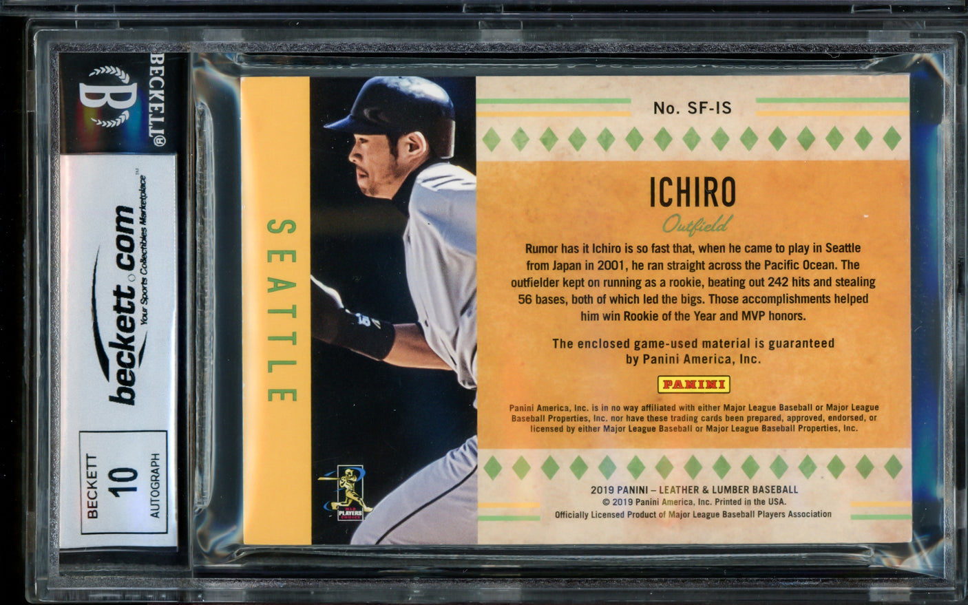 Ichiro Suzuki Autographed 2019 Panini Leather & Lumber Sweet Feet Platinum Blue Card #SF-IS Seattle Mariners Auto Grade Gem Mint 10 With Game Used Relic #1/1 Beckett BAS #16173142