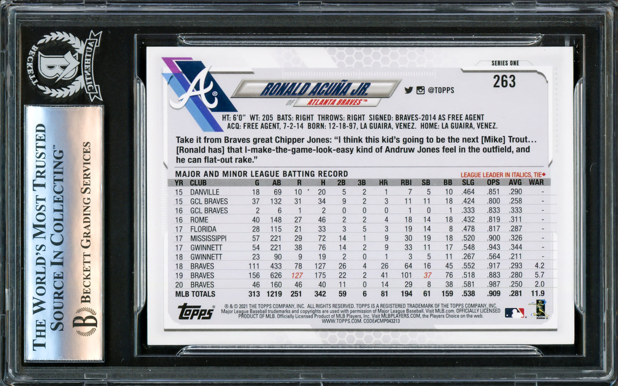 Ronald Acuna Jr. Autographed 2021 Topps Card #263 Atlanta Braves Beckett BAS #16175166