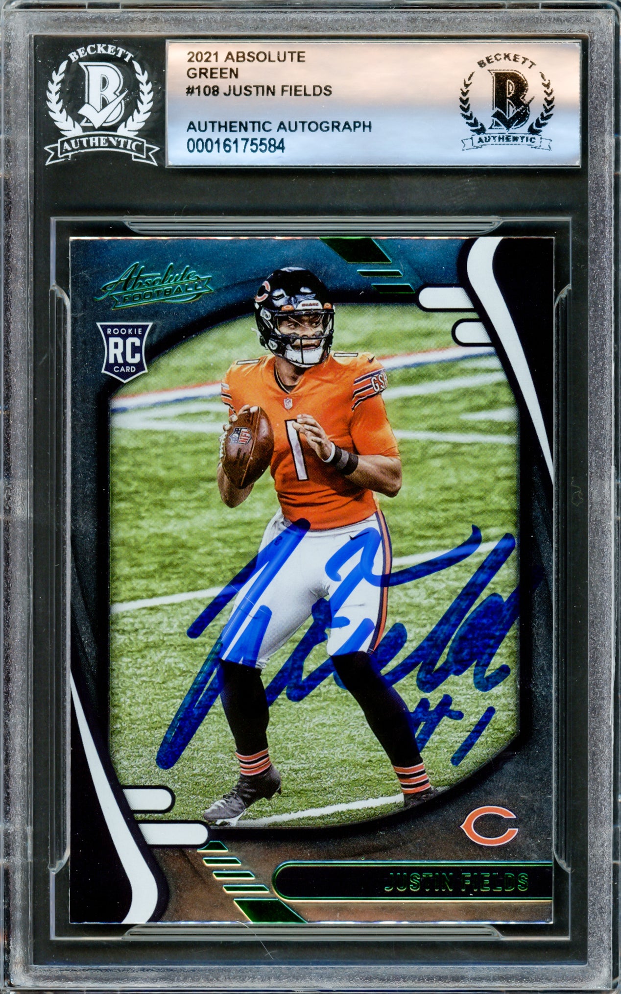 Justin Fields Autographed 2021 Absolute Green Rookie Card #108 Chicago Bears Beckett BAS #16175584