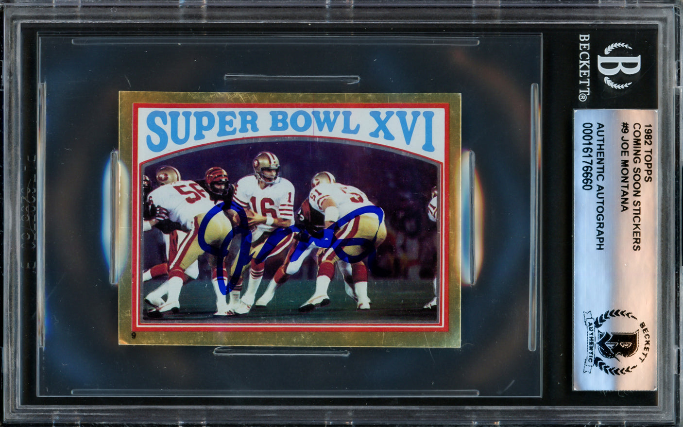Joe Montana Autographed 1982 Topps Sticker Card #9 San Francisco 49ers Beckett BAS #16176660