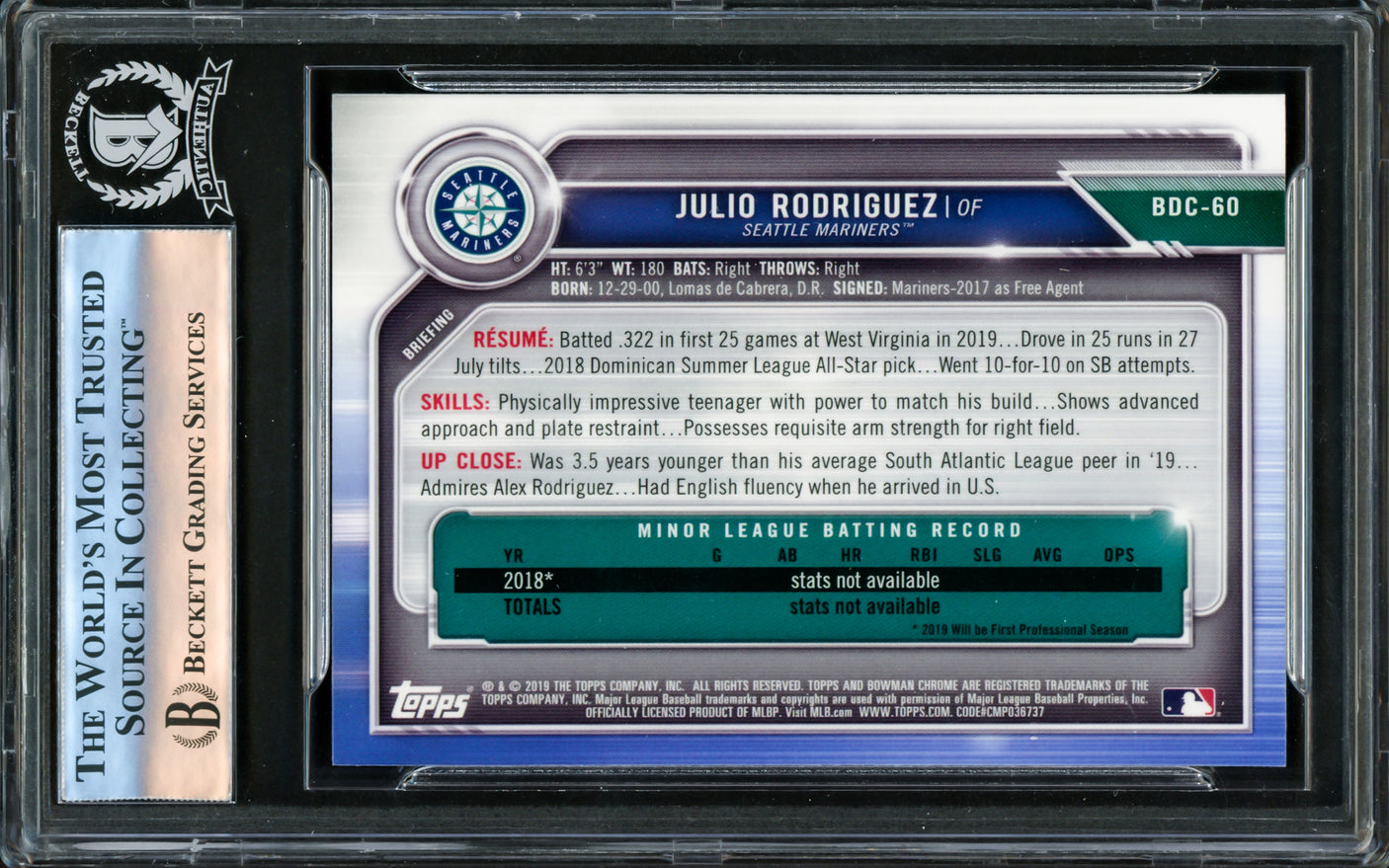 Julio Rodriguez Autographed 2019 Bowman Chrome Draft Rookie Card #BDC60 Seattle Mariners Beckett BAS #16178634