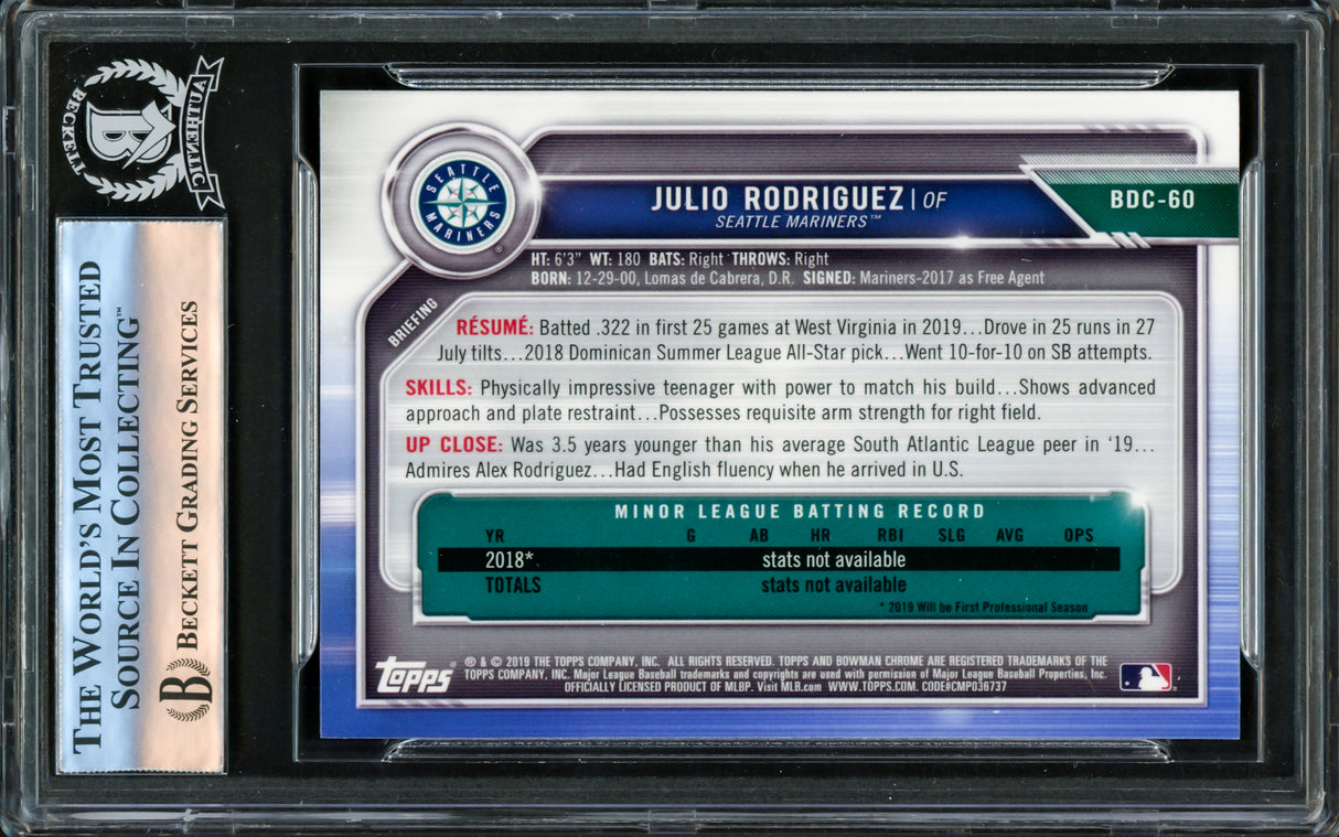 Julio Rodriguez Autographed 2019 Bowman Chrome Draft Rookie Card #BDC60 Seattle Mariners Beckett BAS #16178634