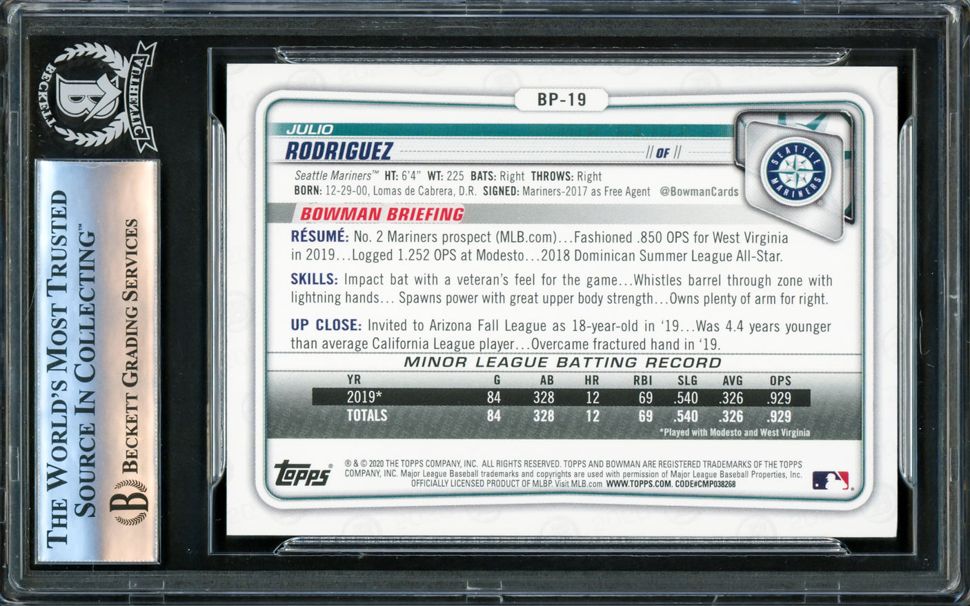 Julio Rodriguez Autographed 2020 Bowman Prospects Rookie Card #BP19 Seattle Mariners Beckett BAS #16177211