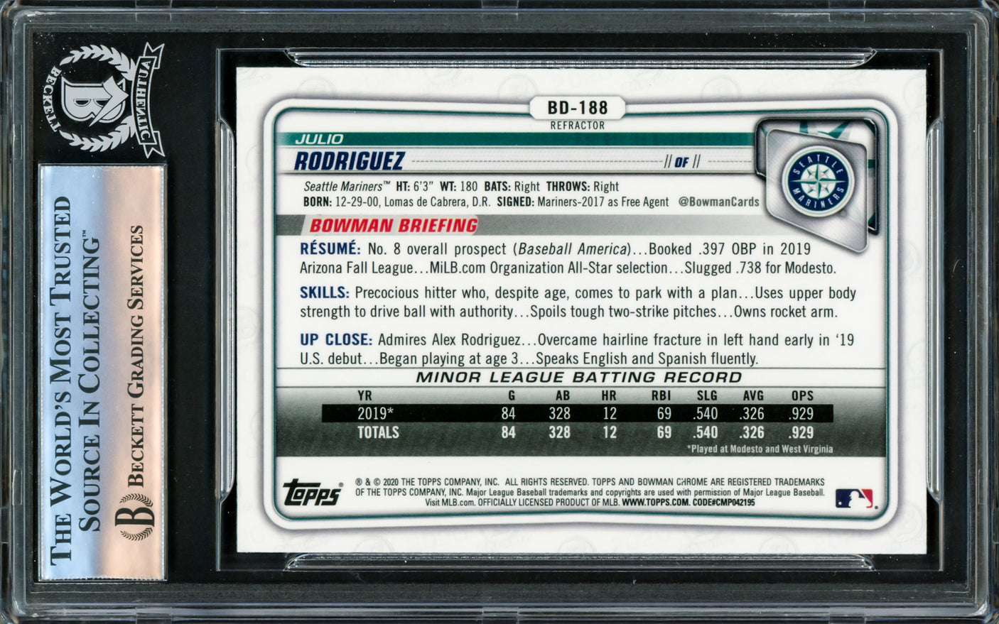 Julio Rodriguez Autographed 2020 Bowman Chrome Draft Refractor Rookie Card #BD188 Seattle Mariners Beckett BAS #16178636