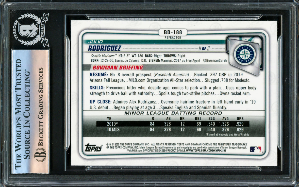 Julio Rodriguez Autographed 2020 Bowman Chrome Draft Refractor Rookie Card #BD188 Seattle Mariners Beckett BAS #16178636