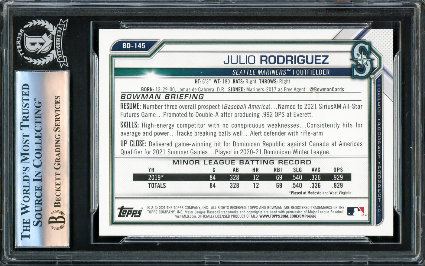 Julio Rodriguez Autographed 2021 Bowman Draft Rookie Card #BD145 Seattle Mariners Beckett BAS #16177368