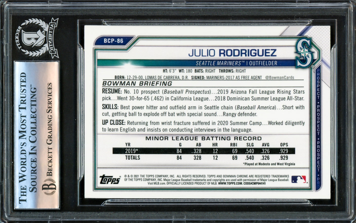 Julio Rodriguez Autographed 2021 Bowman Chrome Prospects Rookie Card #BCP86 Seattle Mariners Beckett BAS #16177387