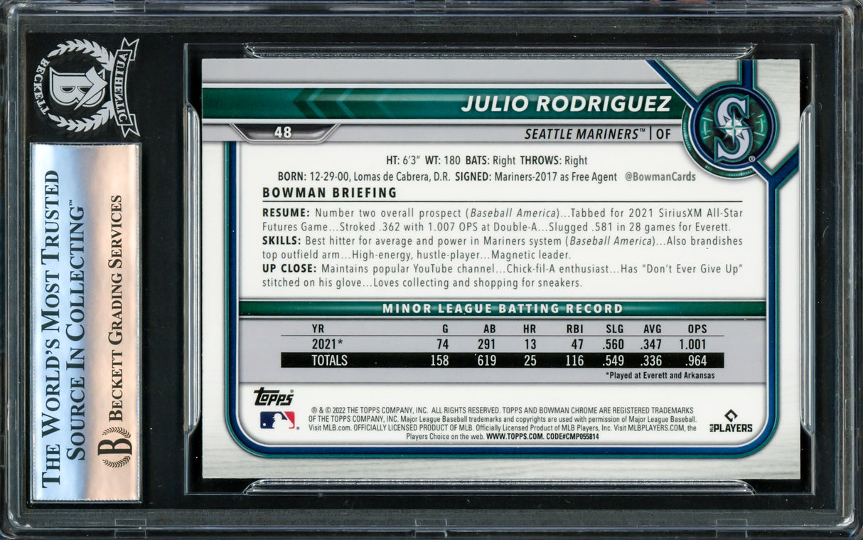 Julio Rodriguez Autographed 2022 Bowman Chrome Rookie Card #48 Seattle Mariners Beckett BAS #16177391