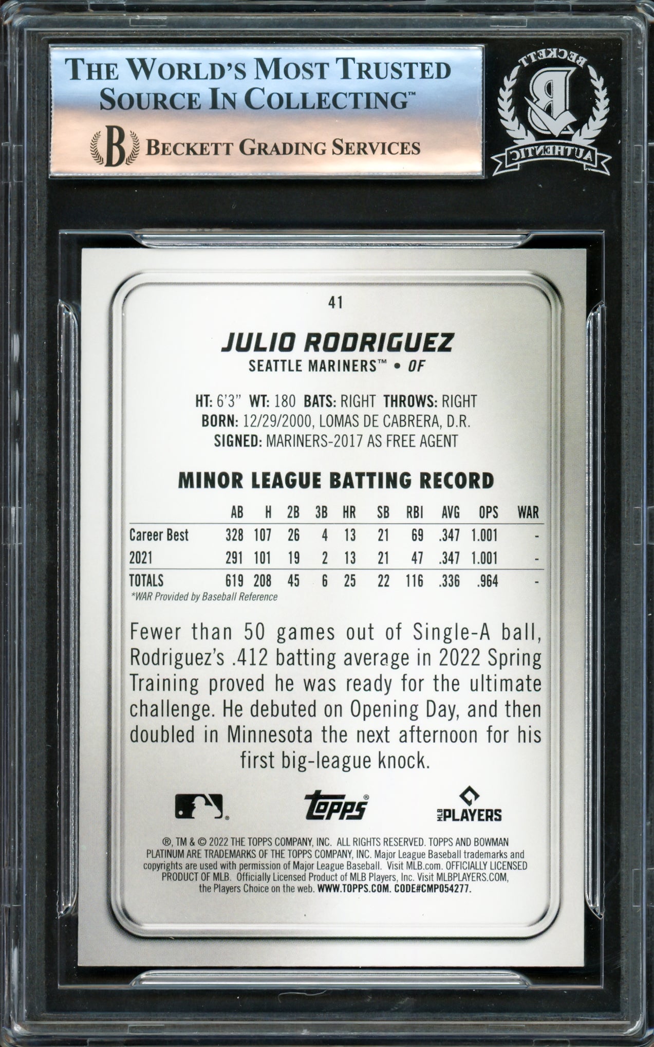 Julio Rodriguez Autographed 2022 Bowman Platinum Rookie Card #41 Seattle Mariners Beckett BAS #16177395
