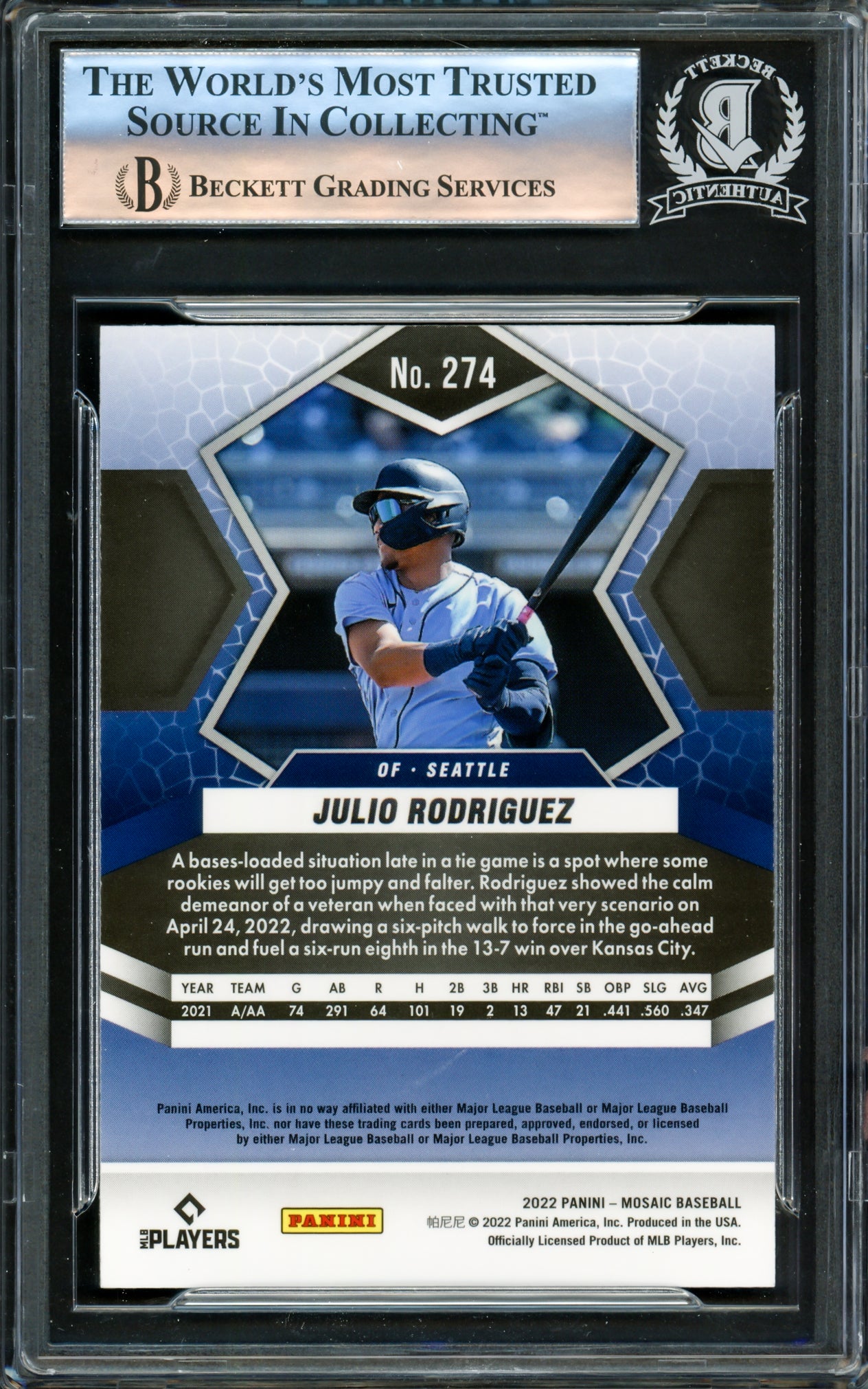 Julio Rodriguez Autographed 2022 Panini Mosaic Rookie Card #274 Seattle Mariners Beckett BAS #16177396