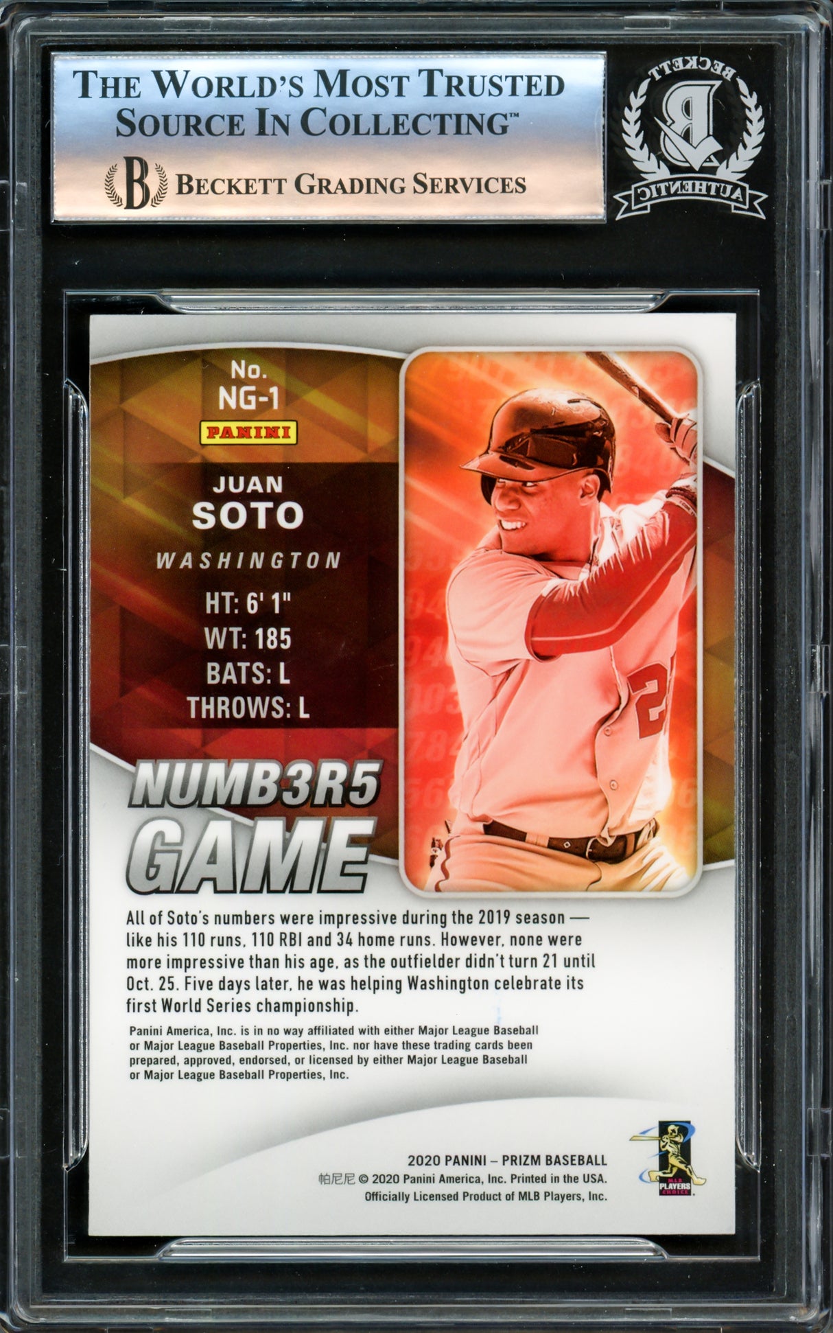 Juan Soto Autographed 2019 Prizm Numbers Game Card #NG-1 New York Mets Beckett BAS #16177816