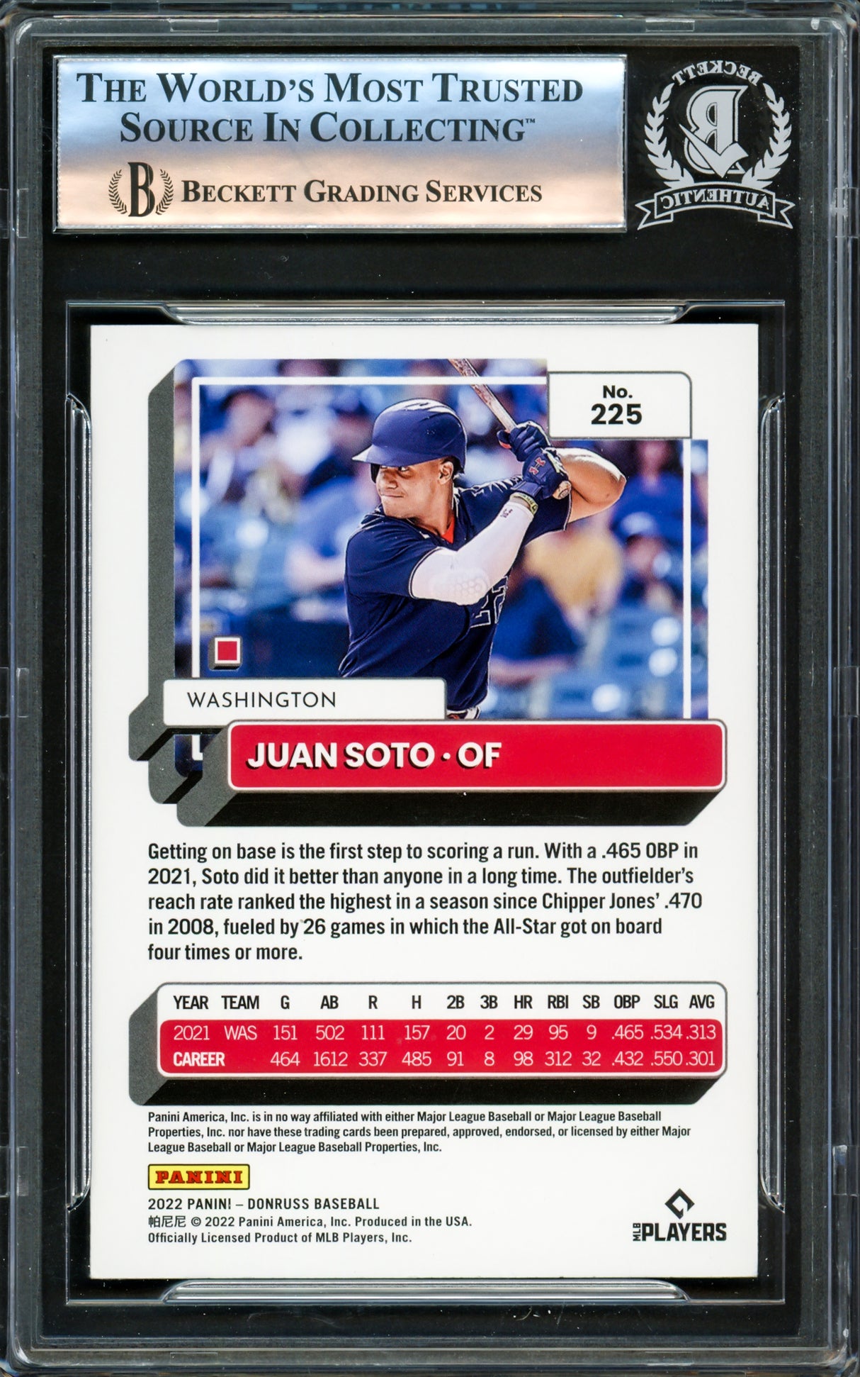 Juan Soto Autographed 2022 Donruss Variation Card #225 New York Mets Beckett BAS #16177830