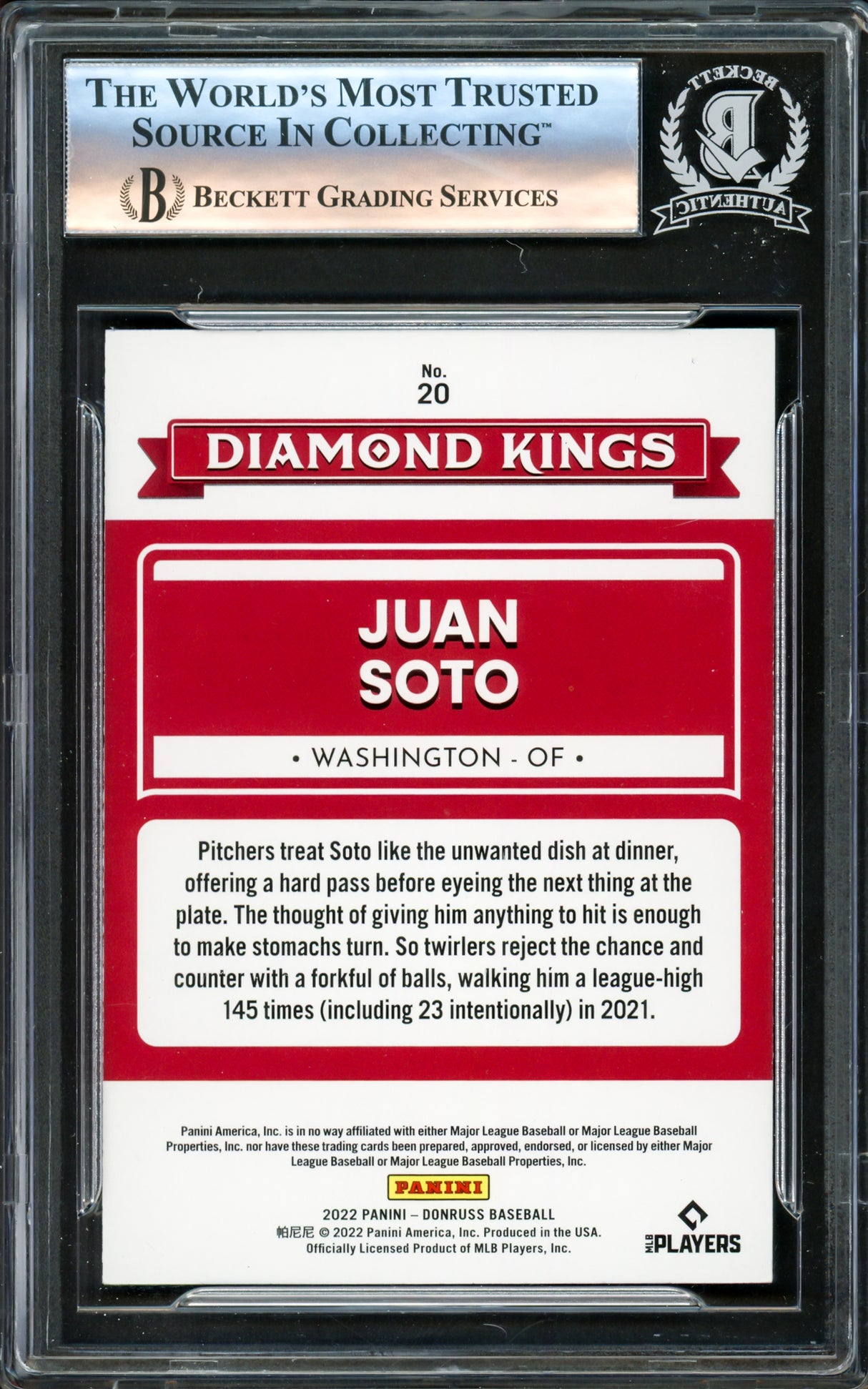 Juan Soto Autographed 2022 Donruss Diamond Kings Card #20 New York Mets Beckett BAS #16177843