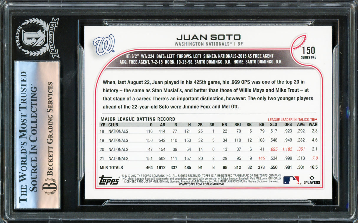 Juan Soto Autographed 2022 Topps Card #150 New York Mets Beckett BAS #16178671
