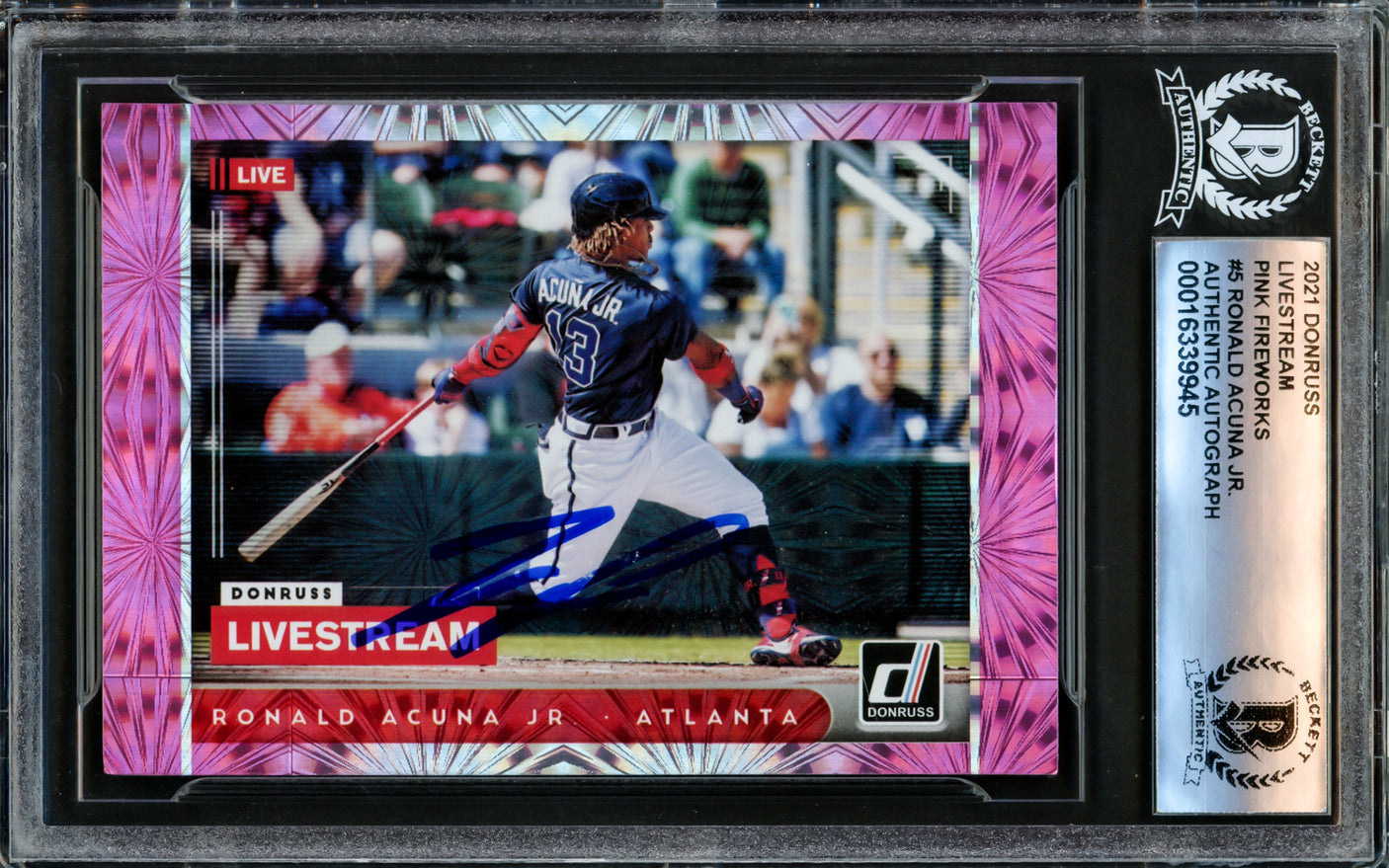 Ronald Acuna Jr. Autographed 2021 Donruss Livestream Pink Fireworks Card #LS5 Atlanta Braves Beckett BAS #16339945