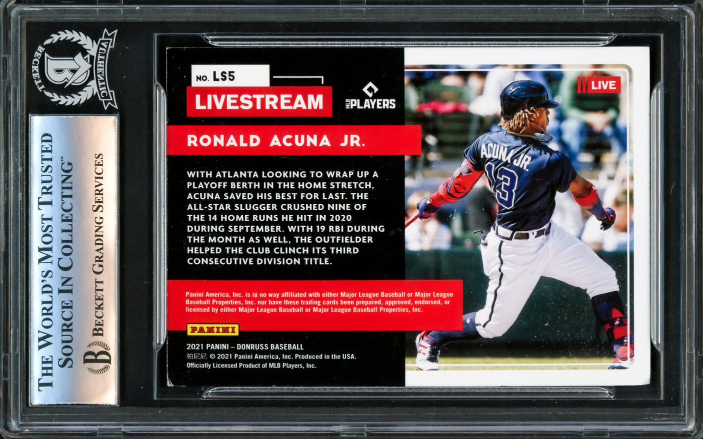 Ronald Acuna Jr. Autographed 2021 Donruss Livestream Pink Fireworks Card #LS5 Atlanta Braves Beckett BAS #16339945