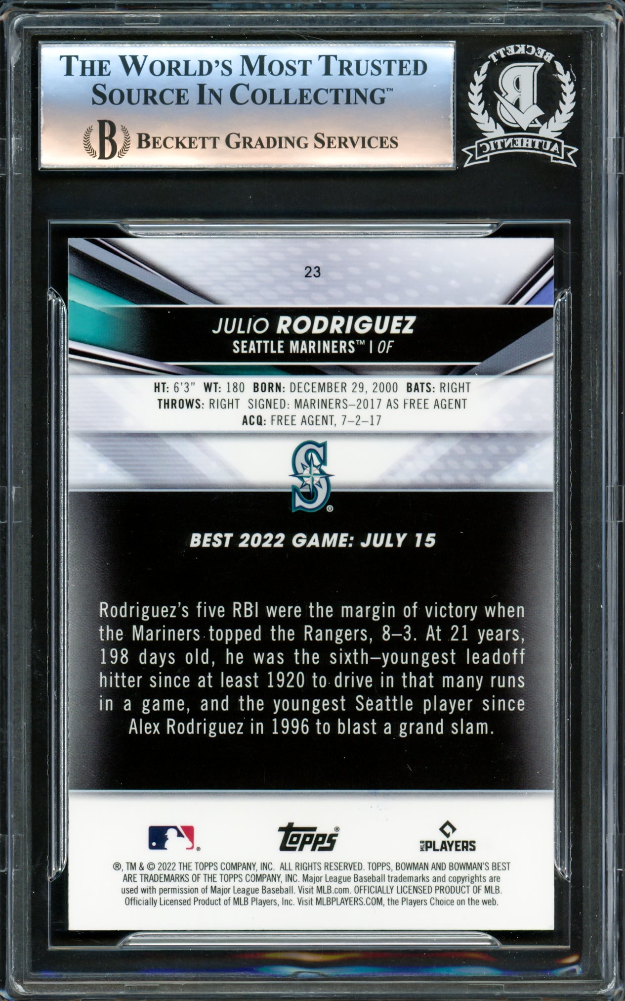 Julio Rodriguez Autographed 2022 Bowman's Best Rookie Card #23 Seattle Mariners Beckett BAS #16340973
