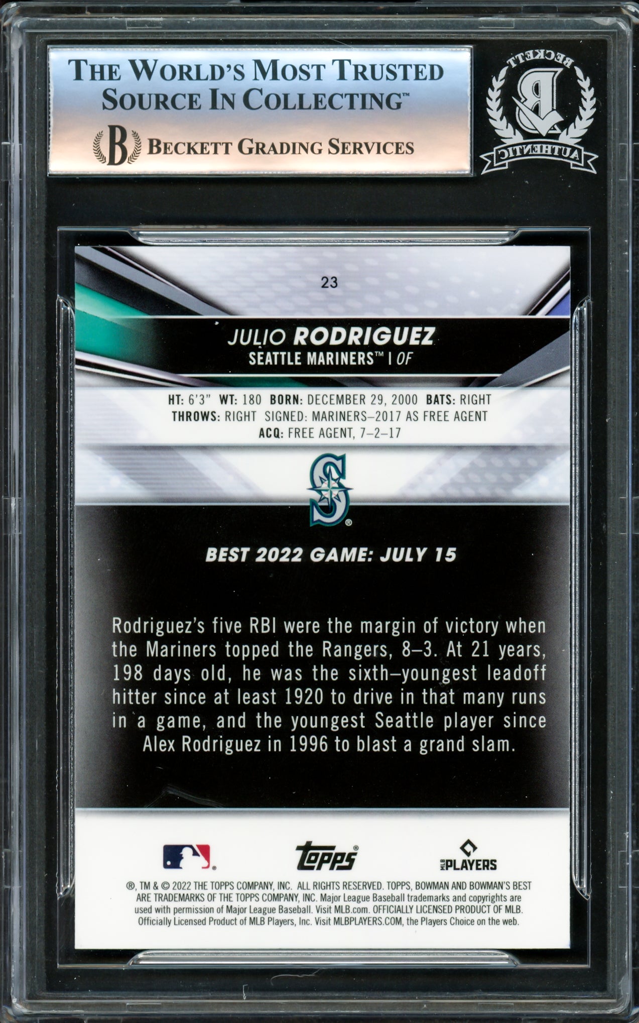 Julio Rodriguez Autographed 2022 Bowman's Best Rookie Card #23 Seattle Mariners Beckett BAS #16340971