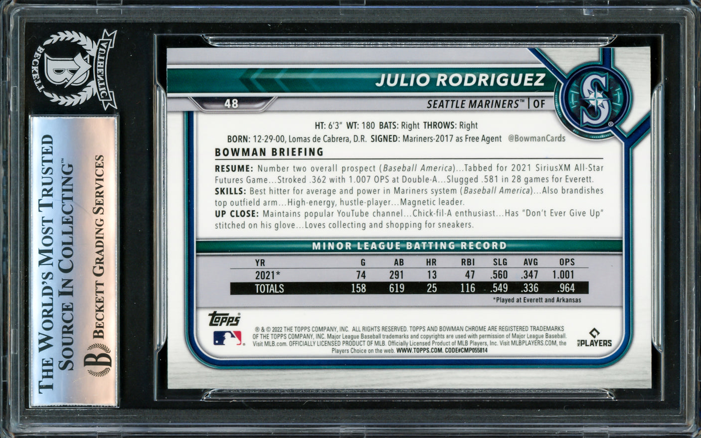 Julio Rodriguez Autographed 2022 Bowman Chrome Rookie Card #48 Seattle Mariners Beckett BAS #16340977