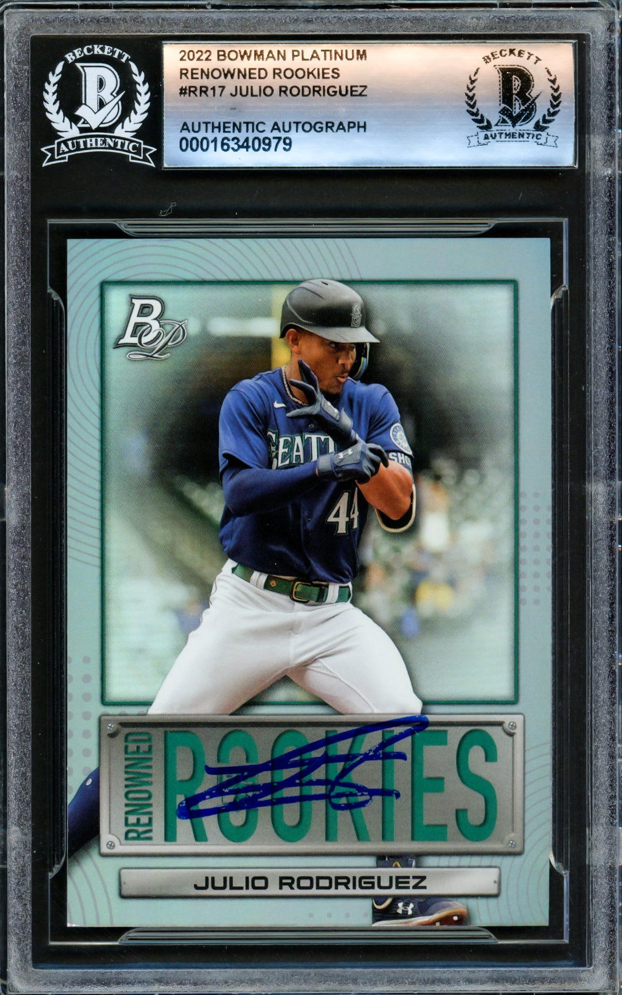 Julio Rodriguez Autographed 2022 Bowman Platinum Renowned Rookies Rookie Card #RR17 Seattle Mariners Beckett BAS #16340979