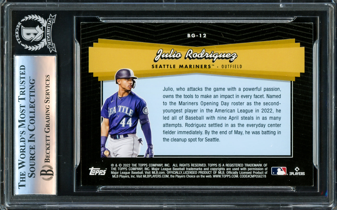 Julio Rodriguez Autographed 2022 Topps Black Gold Rookie Card #BG-12 Seattle Mariners Beckett BAS #16340991