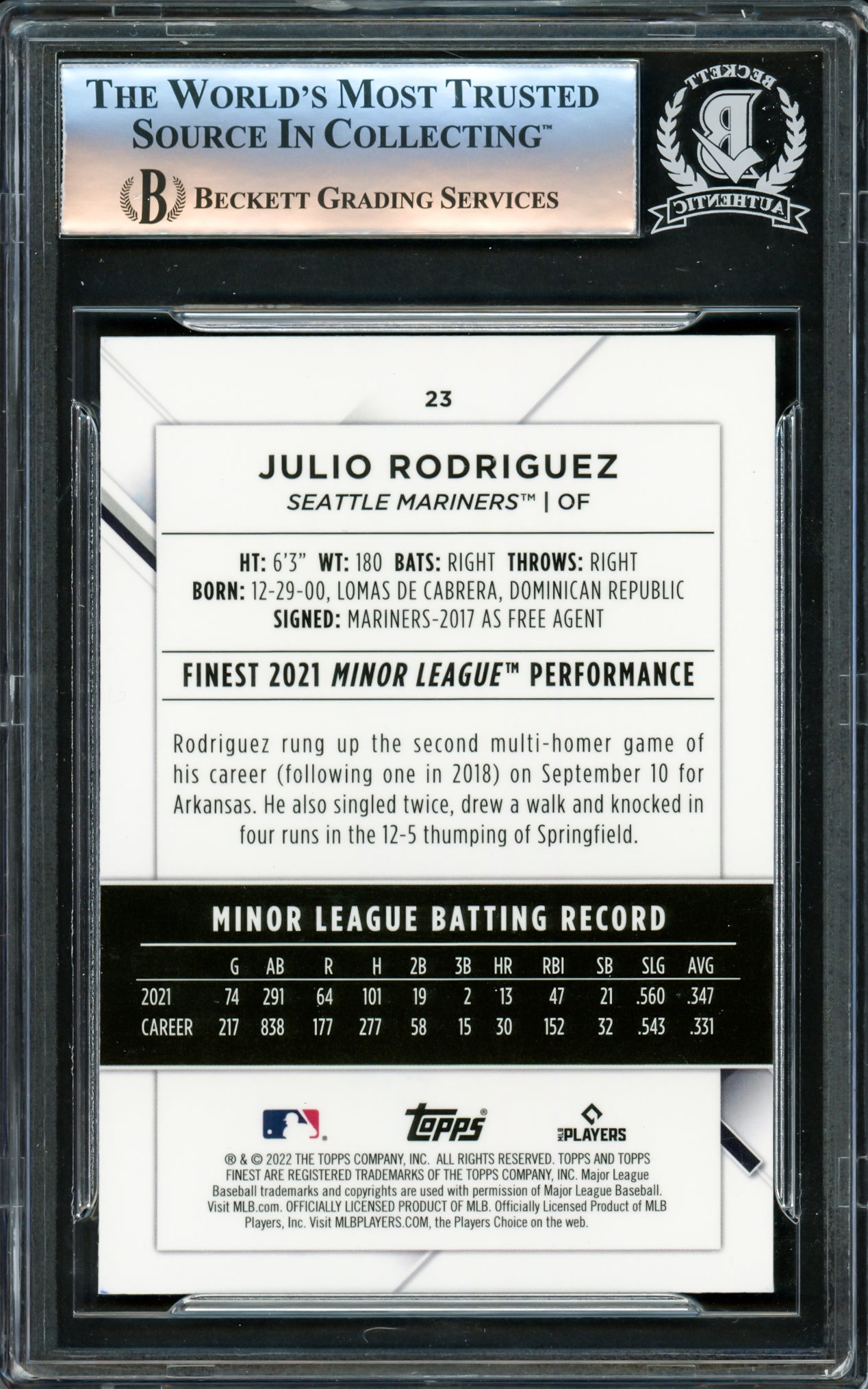 Julio Rodriguez Autographed 2022 Topps Finest Rookie Card #23 Seattle Mariners Beckett BAS #16340996
