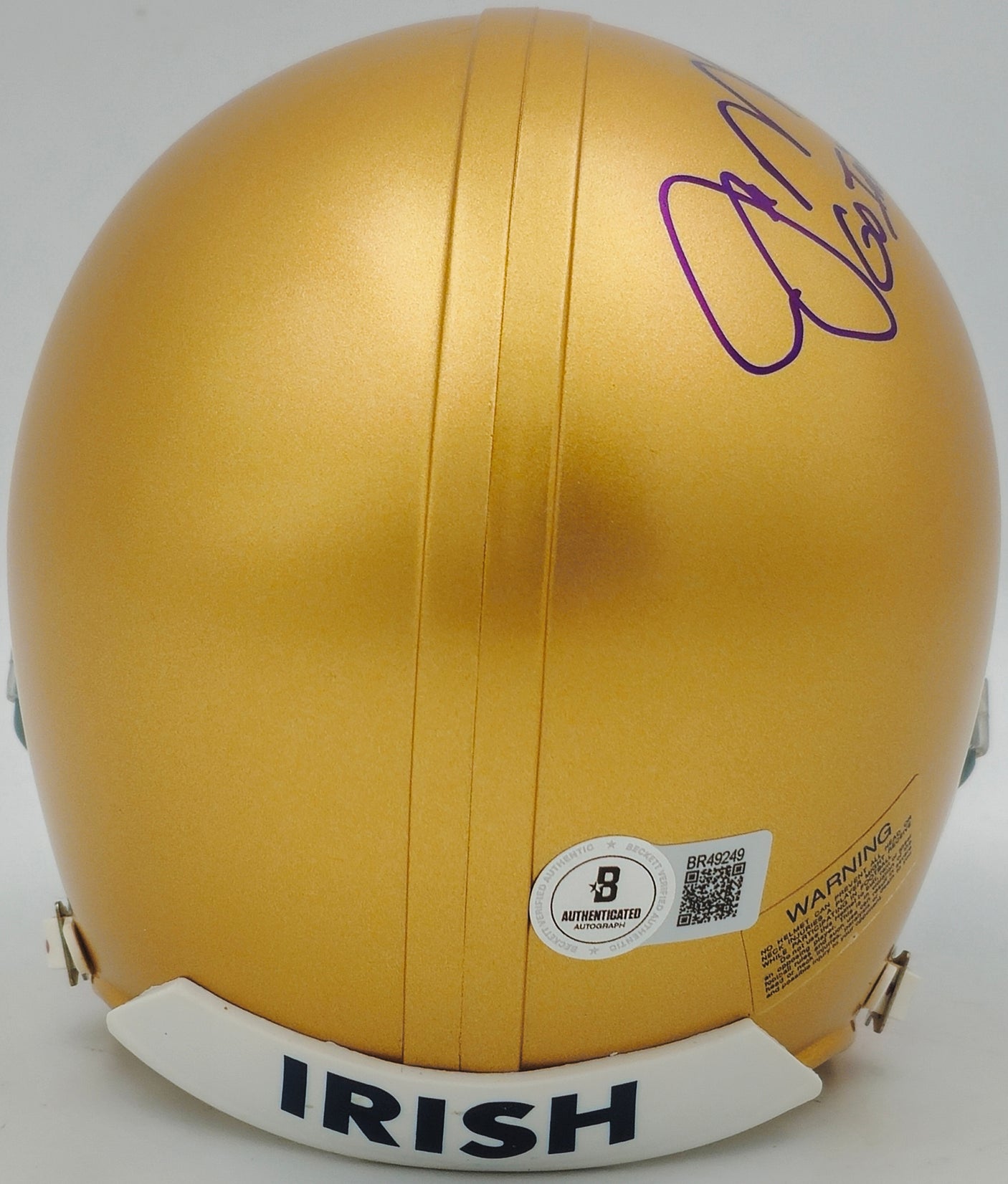 Joe Montana Autographed Notre Dame Fighting Irish Gold Mini Helmet "Go Irish!" Beckett BAS QR Stock #238340