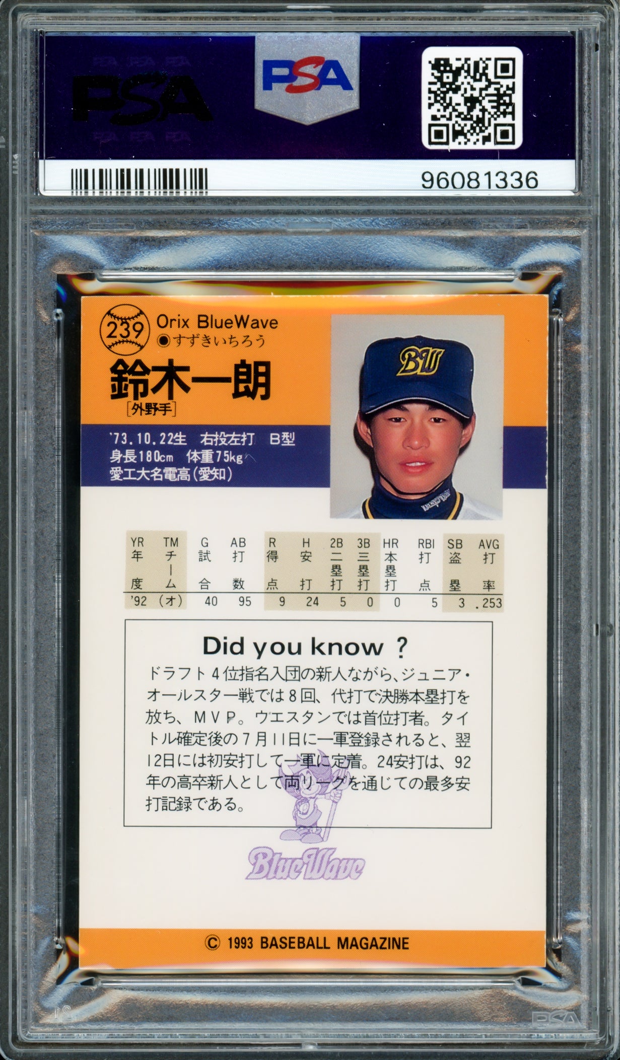 Ichiro Suzuki Autographed 1993 BBM Rookie Card #239 Orix Blue Wave PSA 7 Auto Grade Gem Mint 10 Signed In Kanji PSA/DNA #96081336