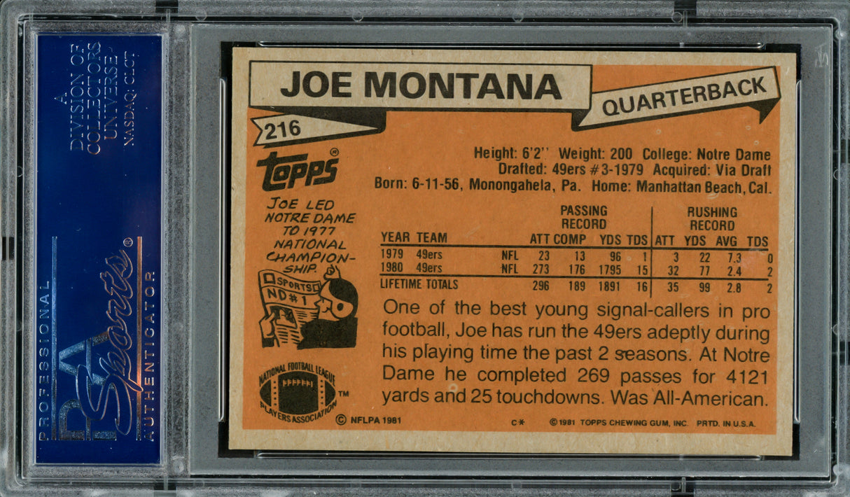 Joe Montana Autographed 1981 Topps Rookie Card #216 San Francisco 49ers "79 NFL Draft, Rd. 3, & Pick 82" PSA/DNA #83446108