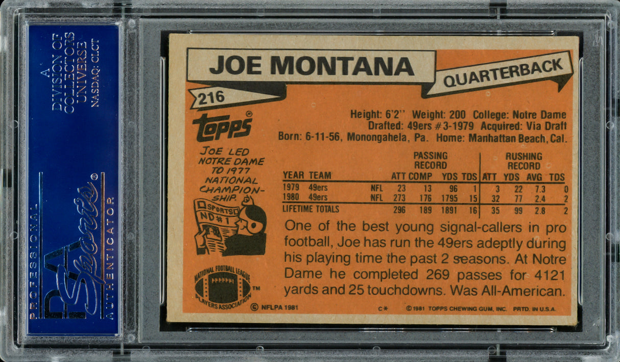 Joe Montana Autographed 1981 Topps Rookie Card #216 San Francisco 49ers "79 NFL Draft, Rd. 3, & Pick 82" PSA/DNA #83446110