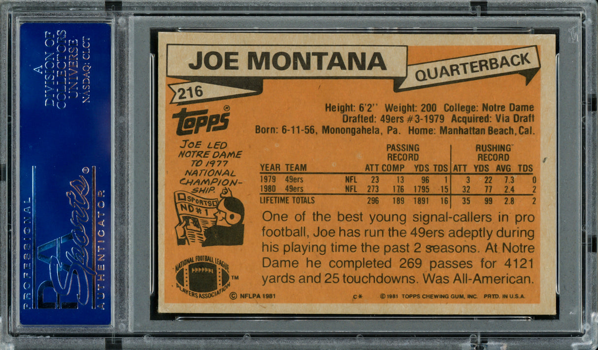Joe Montana Autographed 1981 Topps Rookie Card #216 San Francisco 49ers "1979 NFL Draft, Rd. 3, & Pick 82" PSA/DNA #83446103