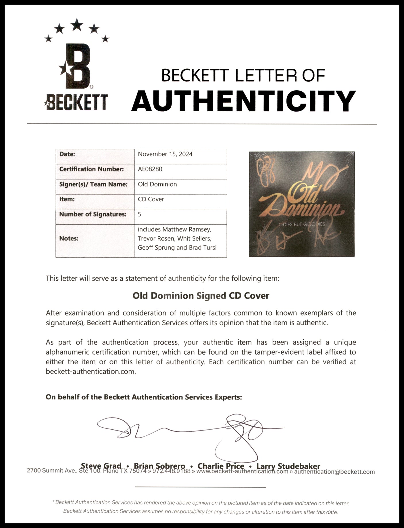 Old Dominion Autographed "Odies But Goodies" CD Cover Signed By All 5 Band Members Beckett BAS #AE08280