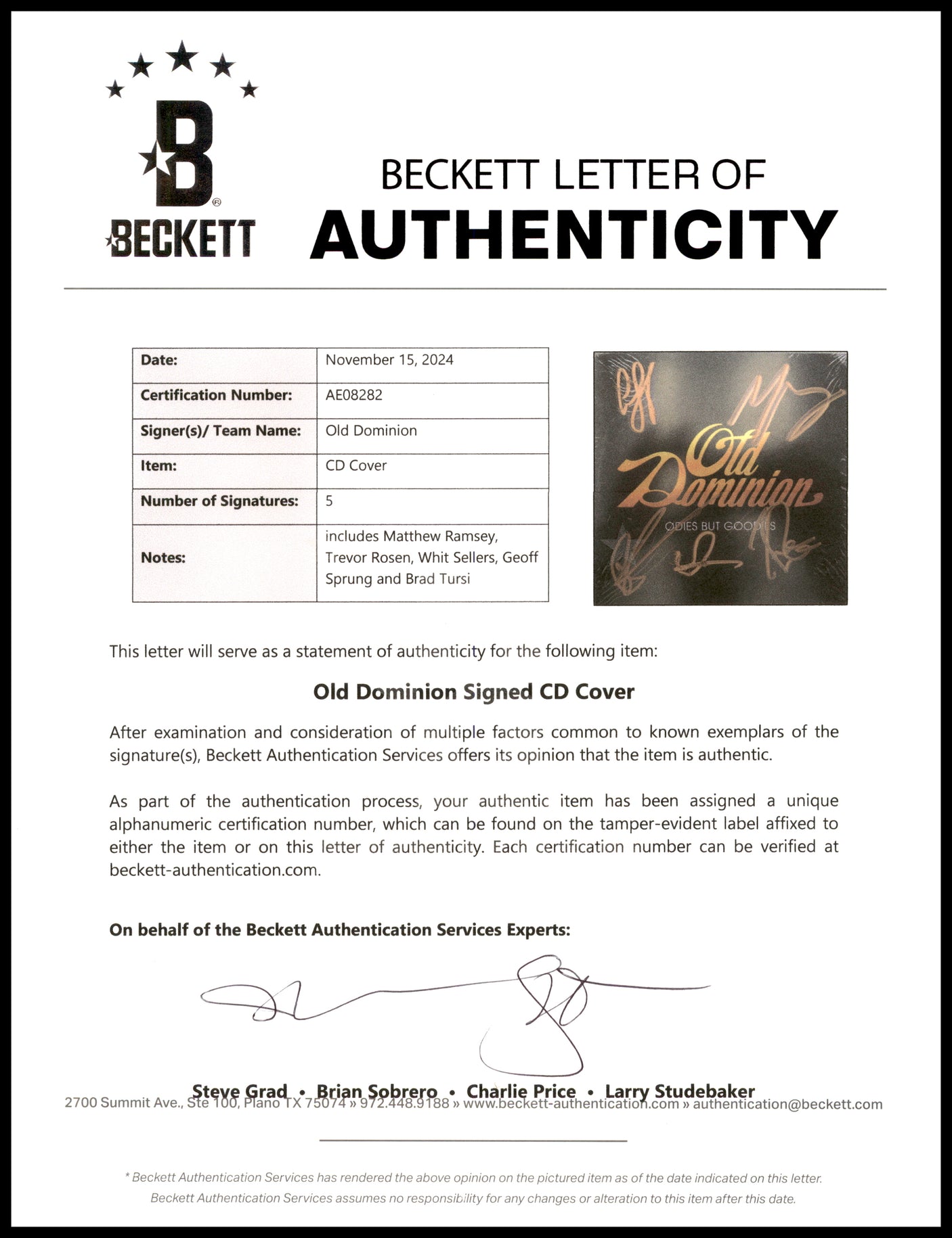 Old Dominion Autographed "Odies But Goodies" CD Cover Signed By All 5 Band Members Beckett BAS #AE08282