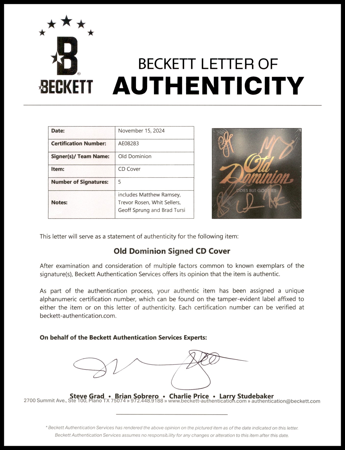 Old Dominion Autographed "Odies But Goodies" CD Cover Signed By All 5 Band Members Beckett BAS #AE08283