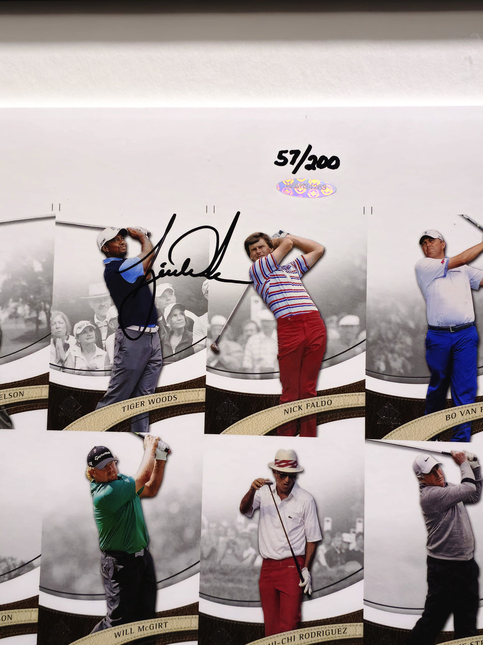 Tiger Woods Autographed Framed 28x40 2013 Upper Deck SP Authentic Uncut Trading Card Sheet #57/200 UDA Holo #BAM134263