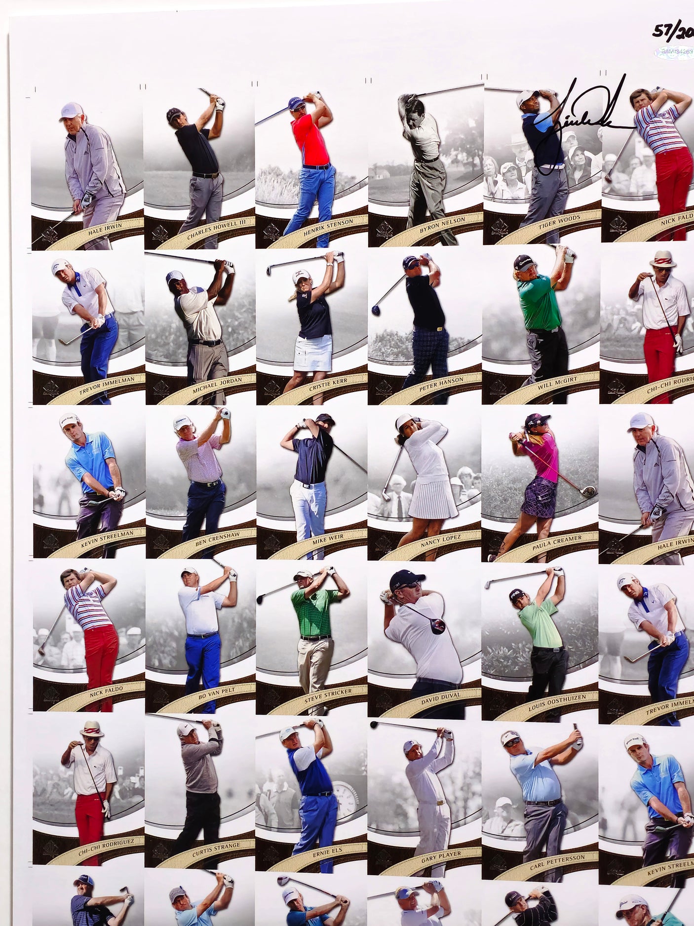 Tiger Woods Autographed Framed 28x40 2013 Upper Deck SP Authentic Uncut Trading Card Sheet #57/200 UDA Holo #BAM134263