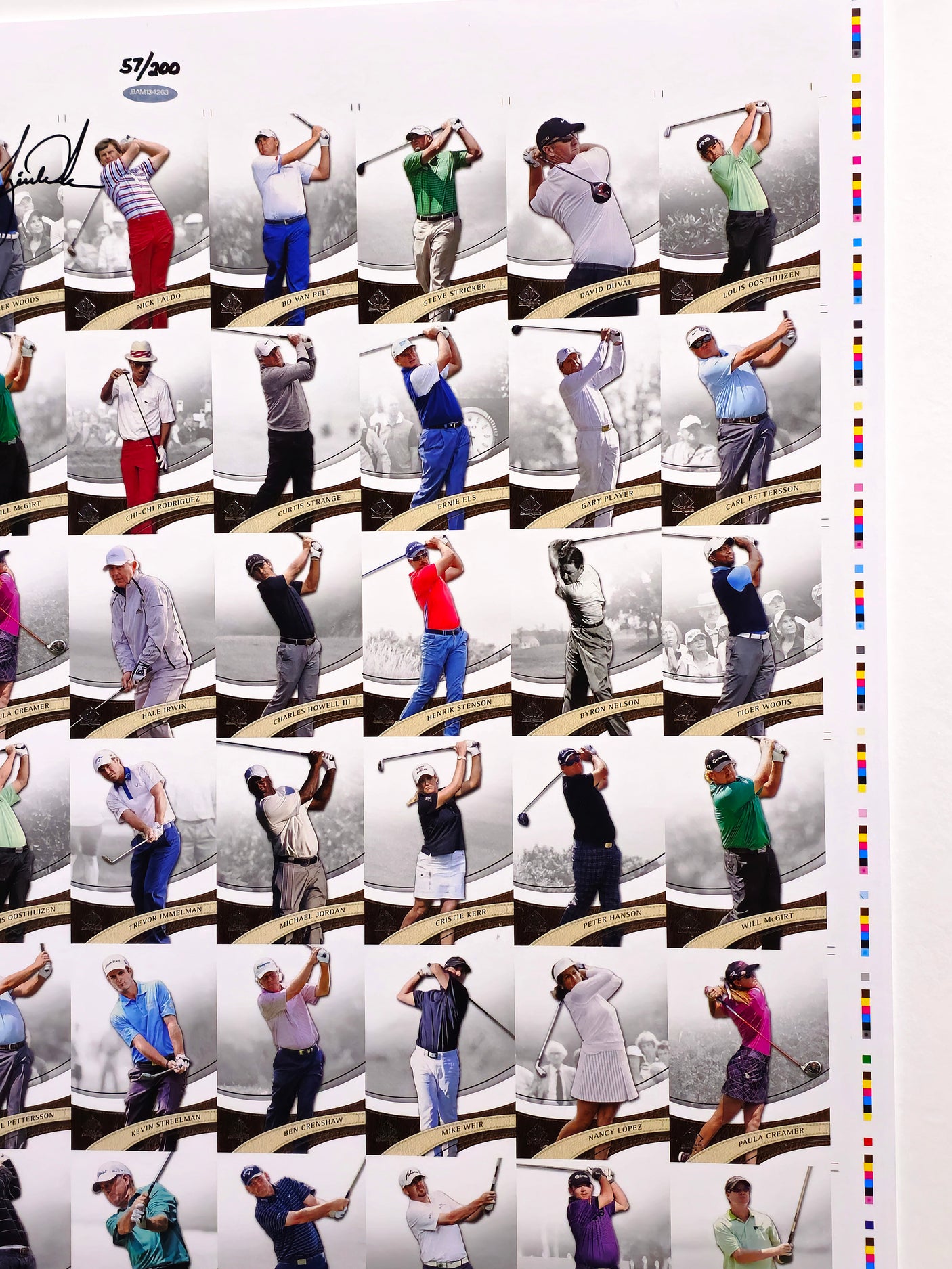 Tiger Woods Autographed Framed 28x40 2013 Upper Deck SP Authentic Uncut Trading Card Sheet #57/200 UDA Holo #BAM134263