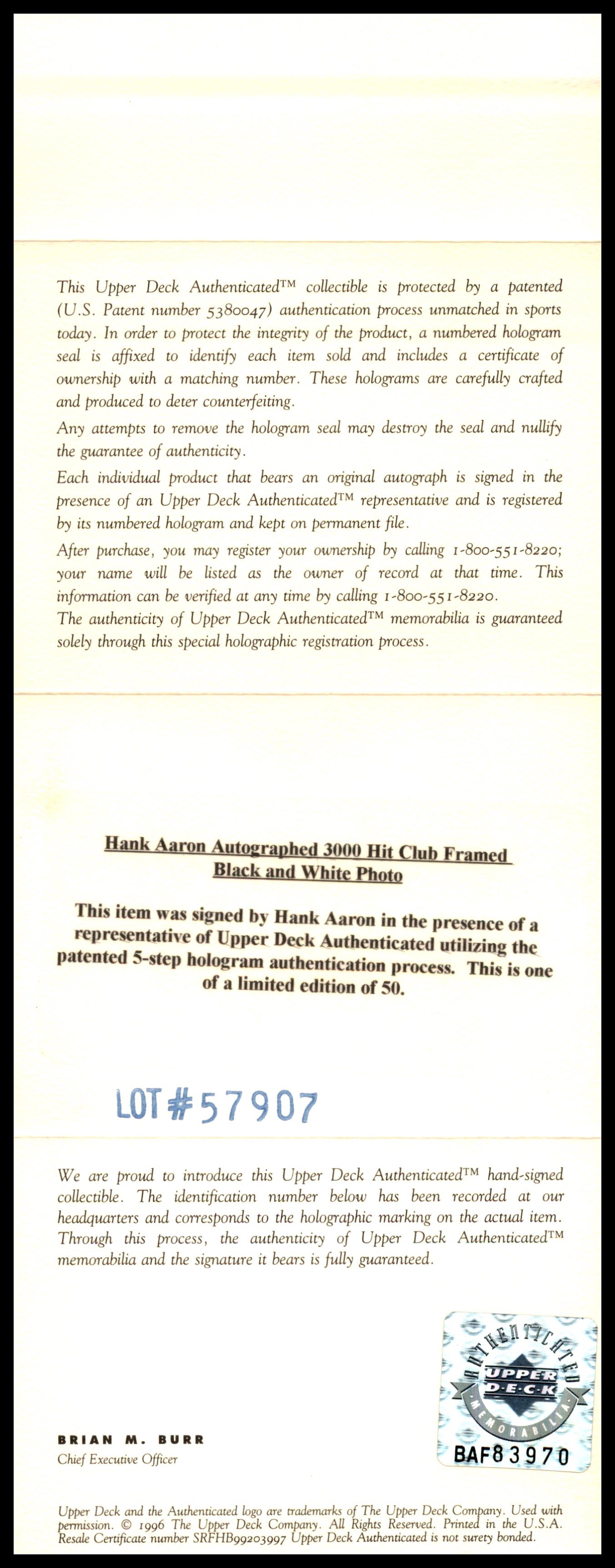 Hank Aaron Autographed Framed Gold 3000th Hit Club 5x7 Photo Atlanta Braves #36/50 UDA Holo #BAF83970