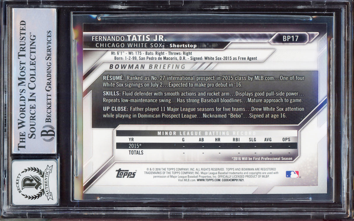 Fernando Tatis Jr. Autographed 2016 Bowman Prospect Yellow Rookie Card #BP17 San Diego Padres BGS 9 Auto Grade Gem Mint 10 Beckett BAS Stock #212268