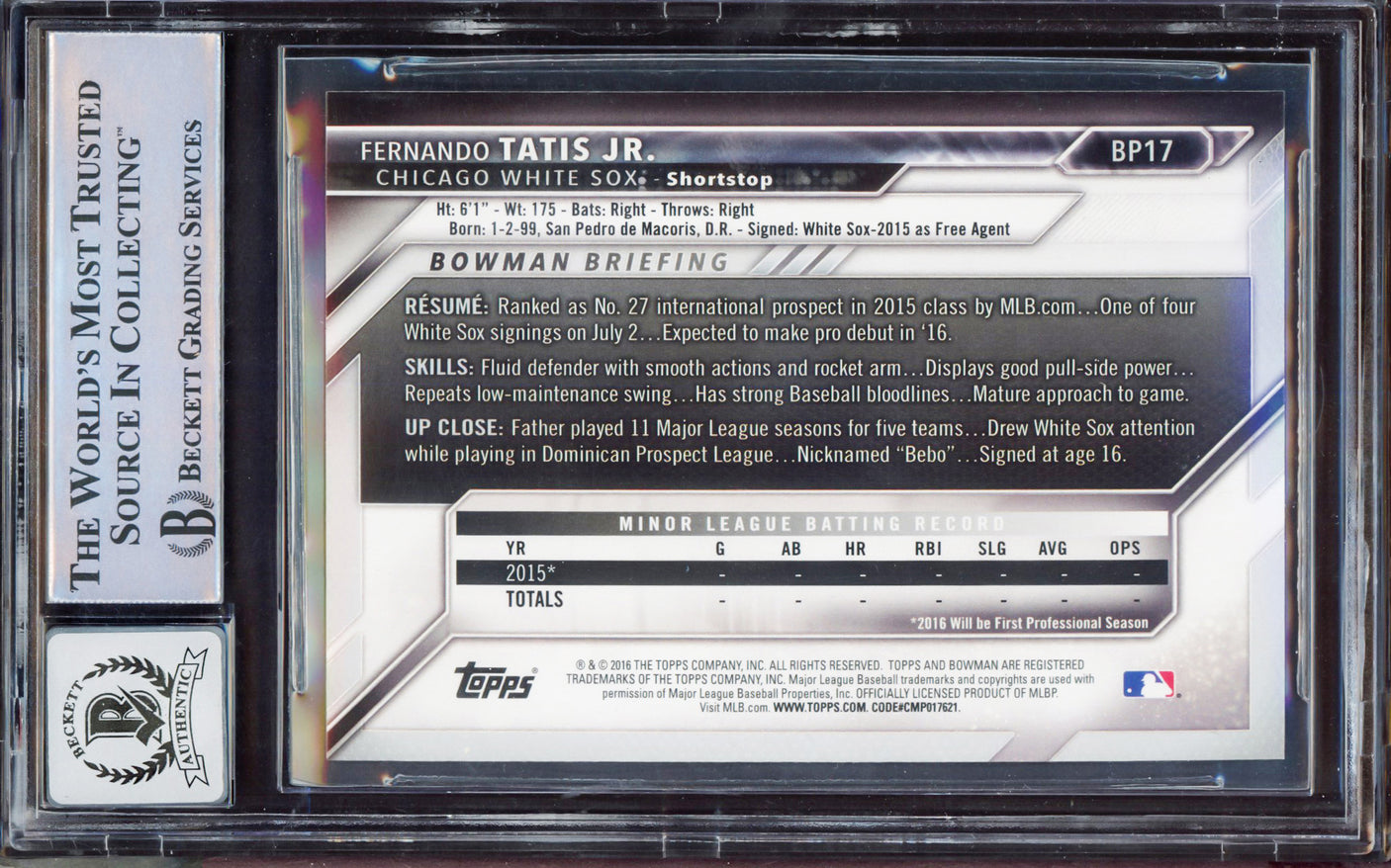 Fernando Tatis Jr. Autographed 2016 Bowman Prospect Yellow Rookie Card #BP17 San Diego Padres BGS 9 Auto Grade Gem Mint 10 Beckett BAS Stock #212268