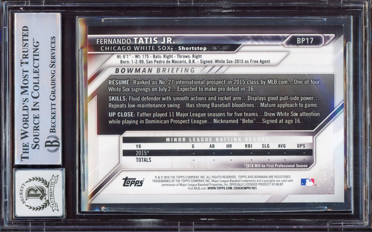 Fernando Tatis Jr. Autographed 2016 Bowman Prospect Yellow Rookie Card #BP17 San Diego Padres BGS 8.5 Auto Grade Gem Mint 10 Beckett BAS Stock #212269