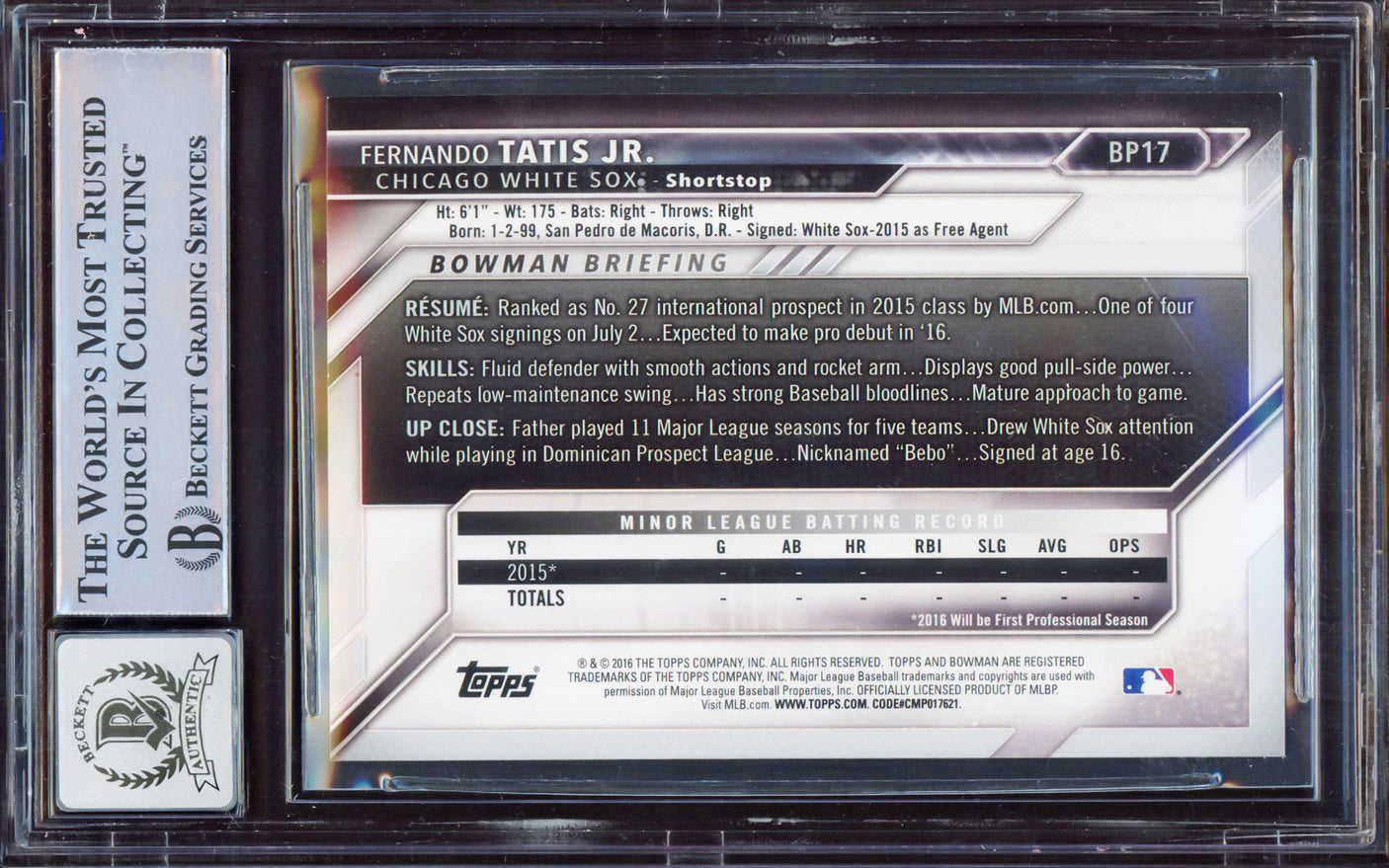 Fernando Tatis Jr. Autographed 2016 Bowman Prospect Yellow Rookie Card #BP17 San Diego Padres BGS 8.5 Auto Grade Gem Mint 10 Beckett BAS Stock #212269