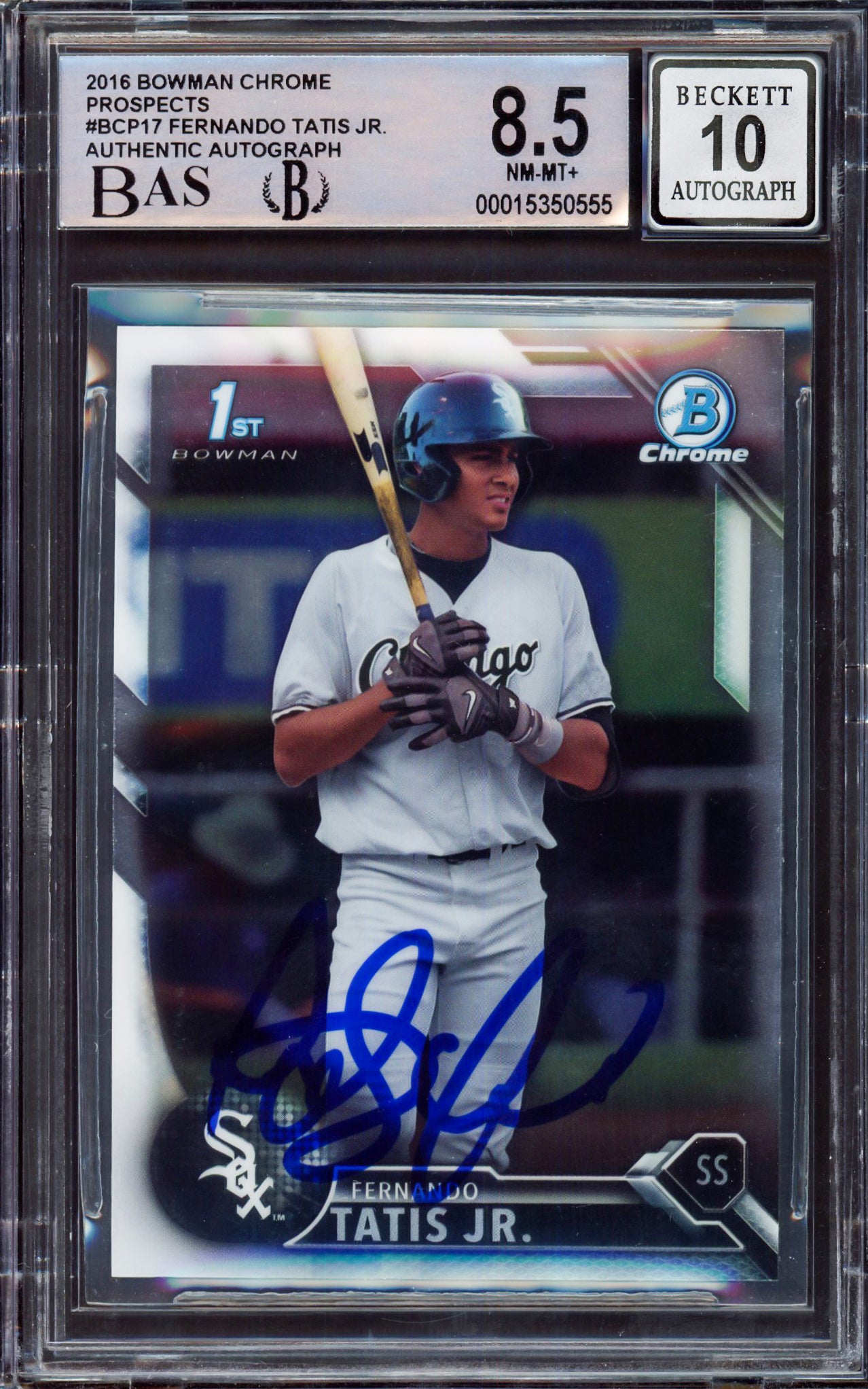 Fernando Tatis Jr. Autographed 2016 Bowman Chrome Prospect Rookie Card #BCP17 San Diego Padres BGS 8.5 Auto Grade Gem Mint 10 Beckett BAS Stock #212270