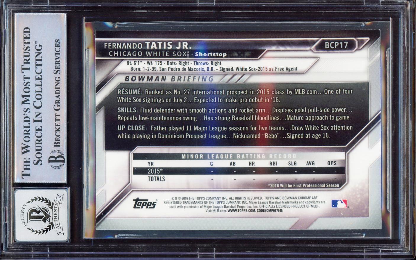 Fernando Tatis Jr. Autographed 2016 Bowman Chrome Prospect Rookie Card #BCP17 San Diego Padres BGS 8 Auto Grade Gem Mint 10 Beckett BAS Stock #212271